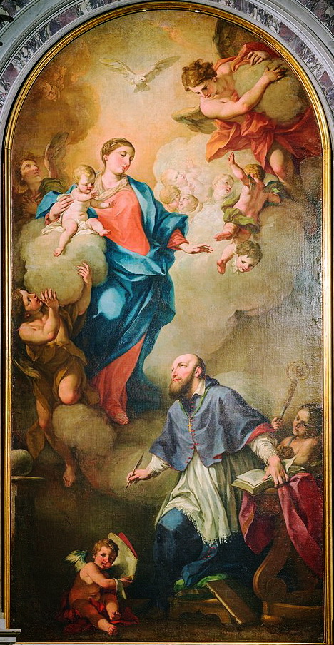Altare con pala San Francesco di Sales venera la Madonna col Bambino di Antonio Balestra 1736 nella Chiesa di Santa Maria della Pace a Brescia